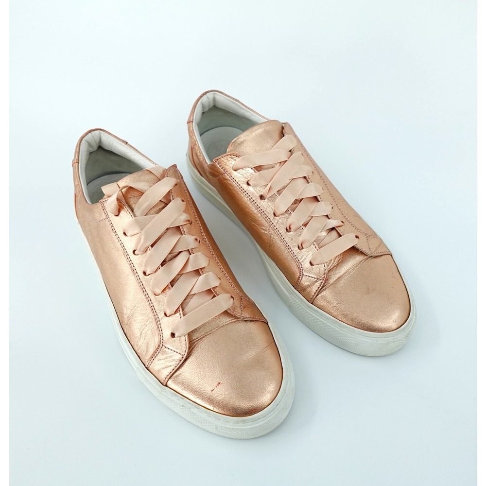 Del Toro Leather Sneakers Womens 9 Pink Metallic Low Top Satin Laces Shoes Glam - Picture 6 of 16